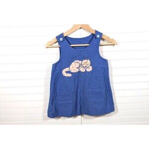 Vintage Dress Girl Sz 7 Overall Corduroy Embroidery Cat Floral Cottage Handmade